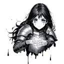 An adult cute girl in armor. falls into the abyss. He pulls his hands in front of him. Her heart breaks out of her chest. Tears are pouring. tattoo design idea