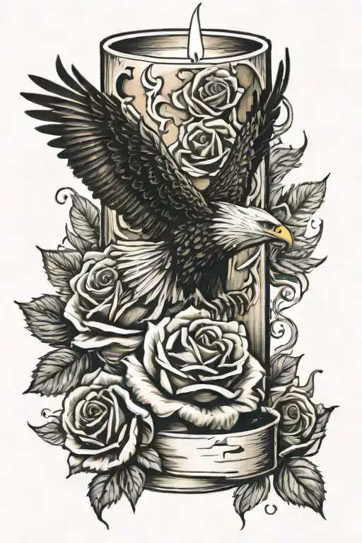 candle burning with roses and an eagle head above with the air force symbol  tattoo design idea