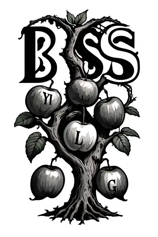 2 trees interwinded with the letters B and S carved into it, bearing 3 fruits each one with the letters Y L and G inside tattoo design idea