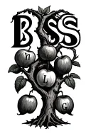 2 trees interwinded with the letters B and S carved into it, bearing 3 fruits each one with the letters Y L and G inside tattoo design idea