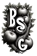2 trees interwinded with the letters B and S carved into it, bearing 3 fruits each one with the letters Y L and G inside tattoo design idea