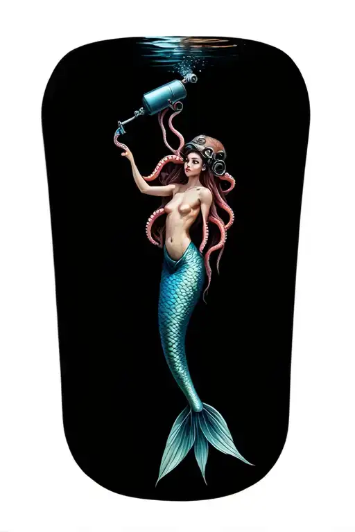 octopus holding scuba tank letting air out with topless mermaid above tattoo design idea