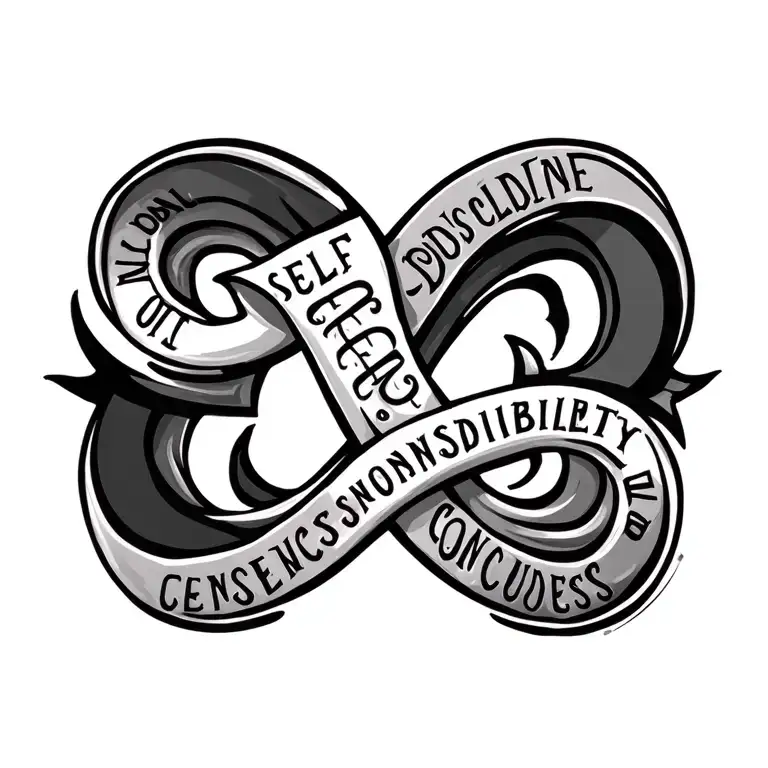 Triskele symbol merging with the words "self -discipline" "personal responsibility" "consciousness" tattoo design idea