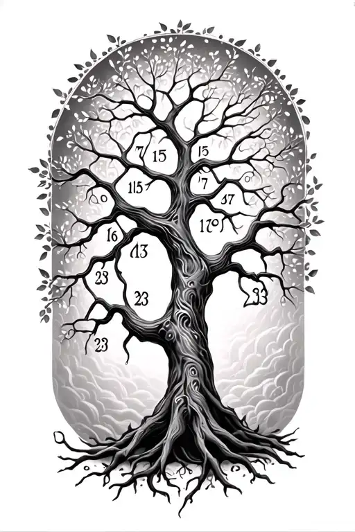 tree of life tattoo design incorporating branches in the shape of the numbers- 7,15, 17,18,23,23 tattoo design idea