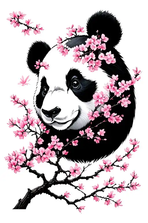 Negative space, positive space, cherry blossom trees form panda face tattoo design idea