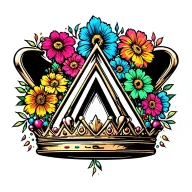 crown, inside upside down triangle, with colourful flowers around the crown, black work, tramp stamp  tattoo design idea