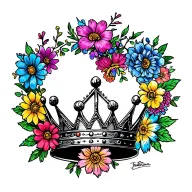 crown, inside upside down triangle, with colourful flowers around the crown, black work, tramp stamp  tattoo design idea