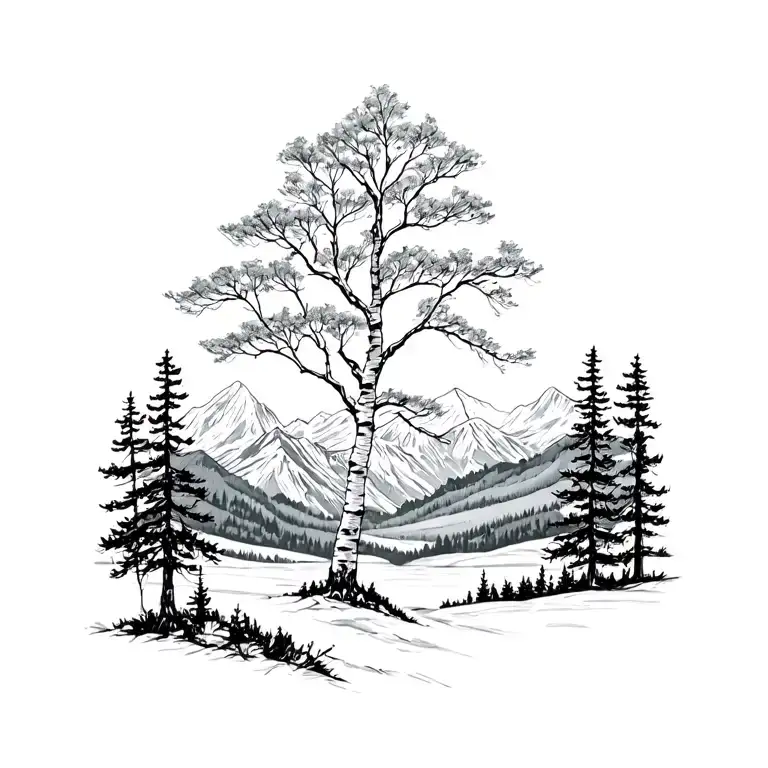 birch trees with mountains in the background tattoo design idea