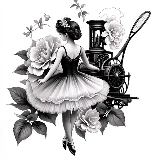 gardenia, little ballerina dancing, tennis and steam engine tattoo design idea