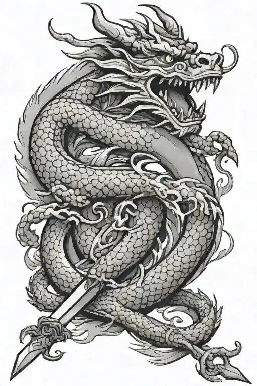 chinese dragon wrapped around sword tattoo design idea