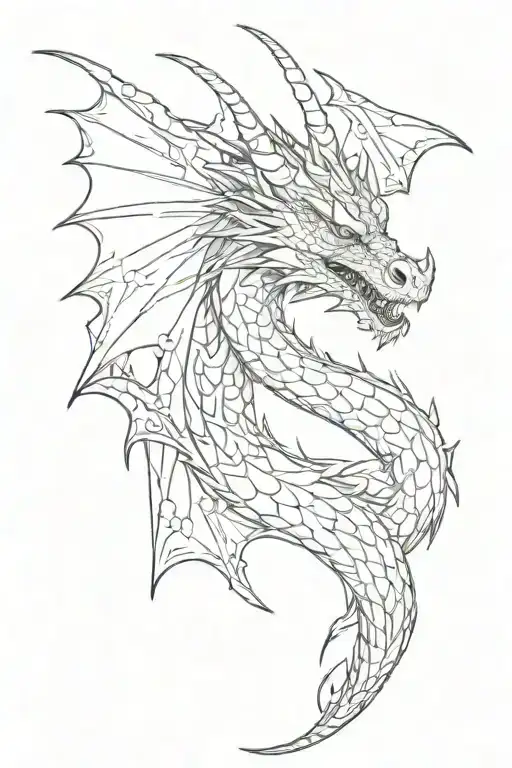 A dragon with its tail wrapped around the forearm. The dragon's head is on the collarbone. Soft, gentle lines. tattoo design idea