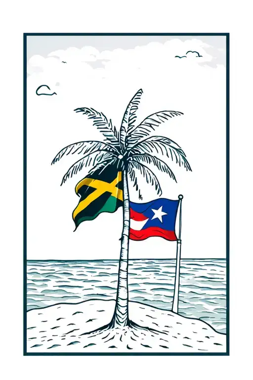 One palm tree lightly detailed with a Jamaican flag waving & Puerto Rican flag waving on a pole in the sand with shore tattoo design idea
