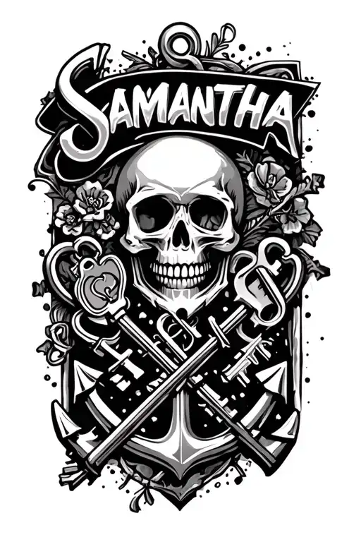 "Samantha" skulls, keys, anchors, business related quote tattoo design idea
