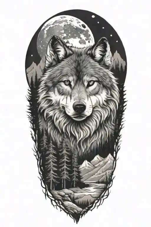 wolf infront of forest and mountains with moon tattoo design idea
