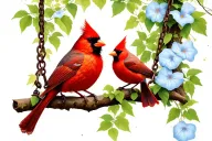 cardinal male and female on a tree branch swing with morning glory vine tattoo design idea
