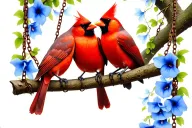 cardinal male and female on a tree branch swing with morning glory vine tattoo design idea