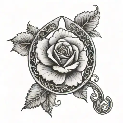 black-and-gray design featuring a horseshoe with a rose in the center. The horseshoe is positioned in a "U" shape, symbo tattoo design idea