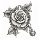 black-and-gray design featuring a horseshoe with a rose in the center. The horseshoe is positioned in a "U" shape, symbo tattoo design idea