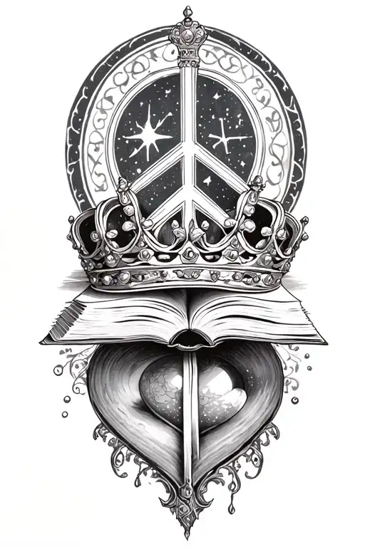 alchemy, books, peace, crown tattoo design idea