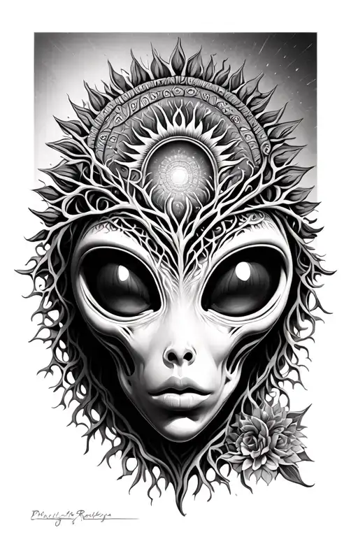 alien face, tree of life, mandala, sun tattoo design idea