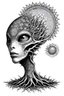 alien face, tree of life, mandala, sun tattoo design idea