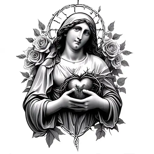 virgin mary holding jesus's heart wrapped in thorns only her hand with thorn and roses sleeve on arm tattoo design idea