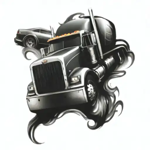 A semi truck morphing into a sleek drag racing car tattoo design idea