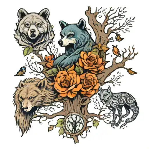 bear and wolf and owl and doe and butterflies around tree of life tattoo design idea