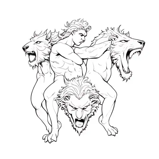 Hercules taming Cerberus 3 heads tattoo design idea