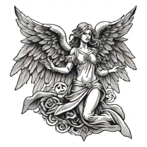 female guardian angel with wings spread tattoo design idea