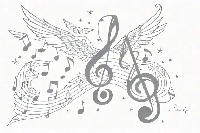 Music notes with winges shild star tattoo design idea