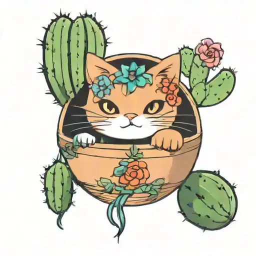 a cat that is a cactus with a flower in a round pot with tail and paws tattoo design idea