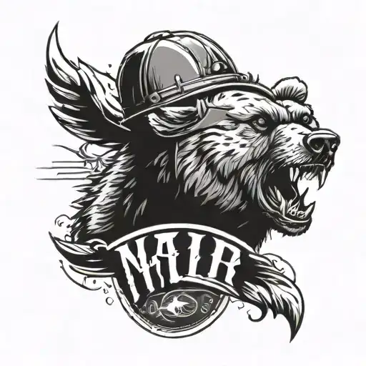 bear roaring wearing pointy helmet below it writes "МИР" tattoo design idea