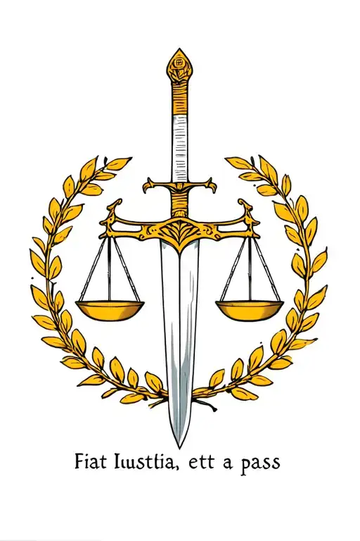 Femis with Libra and Sword inside a laurel wreath, around which is the inscription "Fiat Iustitia, et pass" tattoo design idea