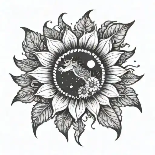 celestial sunflower merged with capricorn zodiac sign tattoo design idea