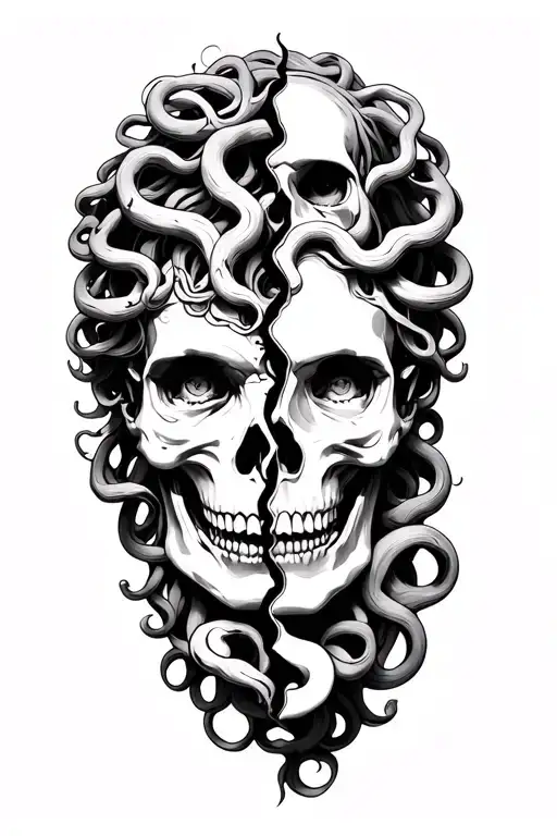 beautiful Medusa head with face cut into 2 uneven halves with a skull showing in the split tattoo design idea