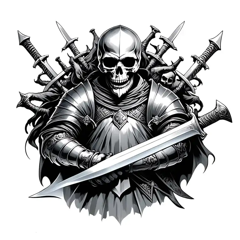 medieval skull knight holding a sword surrounded by dead nights and swords tattoo design idea
