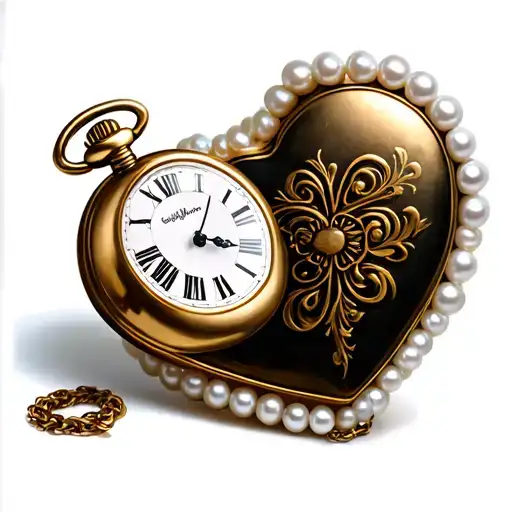 A heart-shaped pocket watch with a white pearl border,  tattoo design idea
