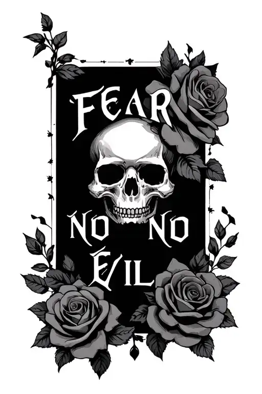 fear no evil quote with skulls and roses tattoo design idea