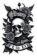 fear no evil quote with skulls and roses tattoo design idea