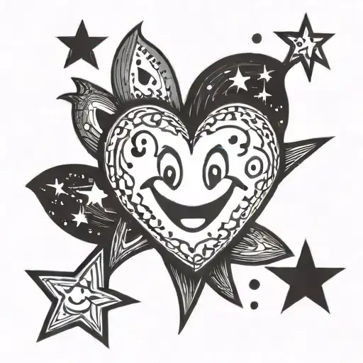 Heart with smiley face (black) surrounded by asymmetrical star (red) tattoo design idea