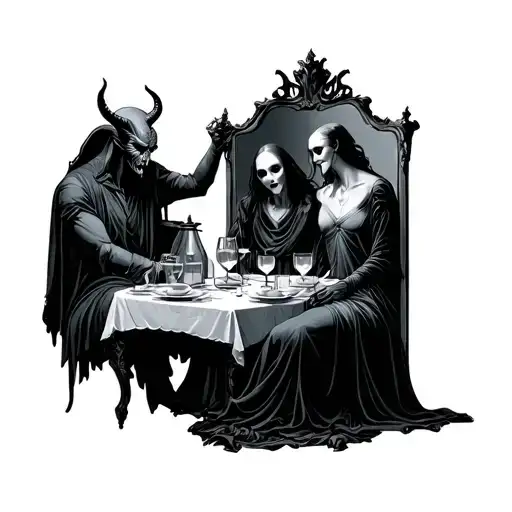 secret dinner and the devils and the demon are sitting in the mirror tattoo design idea