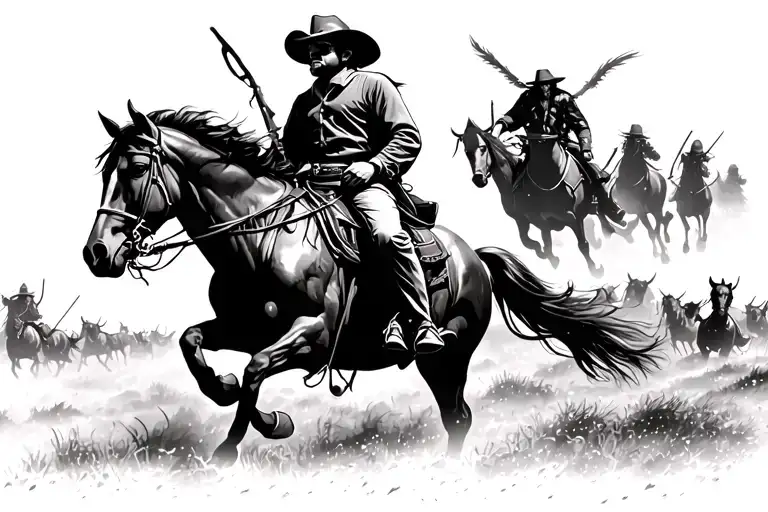 cowboy on a horse looking up at the sky at ghost riders chasing a herd in a storm  tattoo design idea