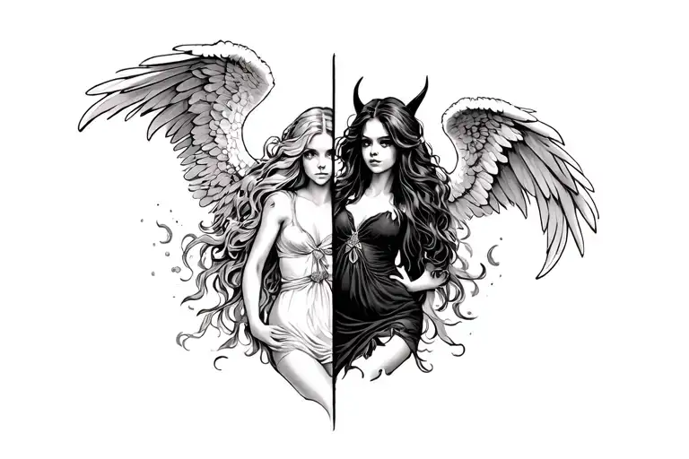 split image of girl thats angel and devil with wings and the apocalpyse in the background tattoo design idea