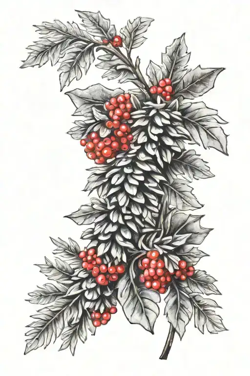 winter themed thigh tatto black and white pinecones and leaves with small red berries tattoo design idea