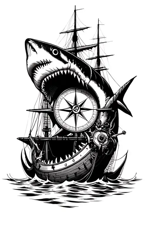 Shark Sunken Ship Compass arm band tattoo design idea