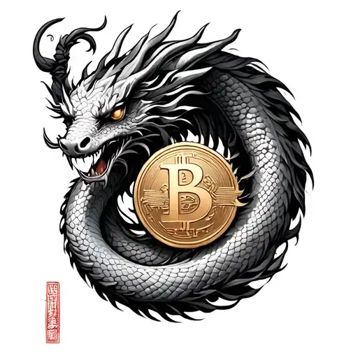 Chinese coin tassel with serpentine dragon spiraling on thigh tattoo design idea