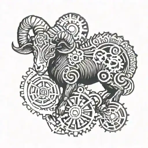 A clockwork ram with intricate gears and cogs representing the zodiac sign Aries tattoo design idea
