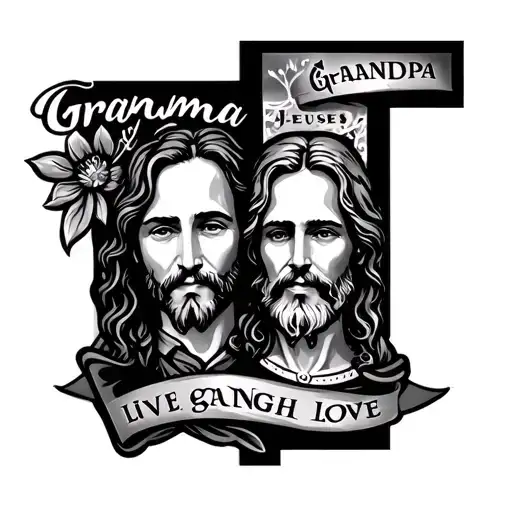 Create a tattoo with Gramma and grandpa spelt downward with live laugh love in between gramma and grandpa with Jesus on  tattoo design idea