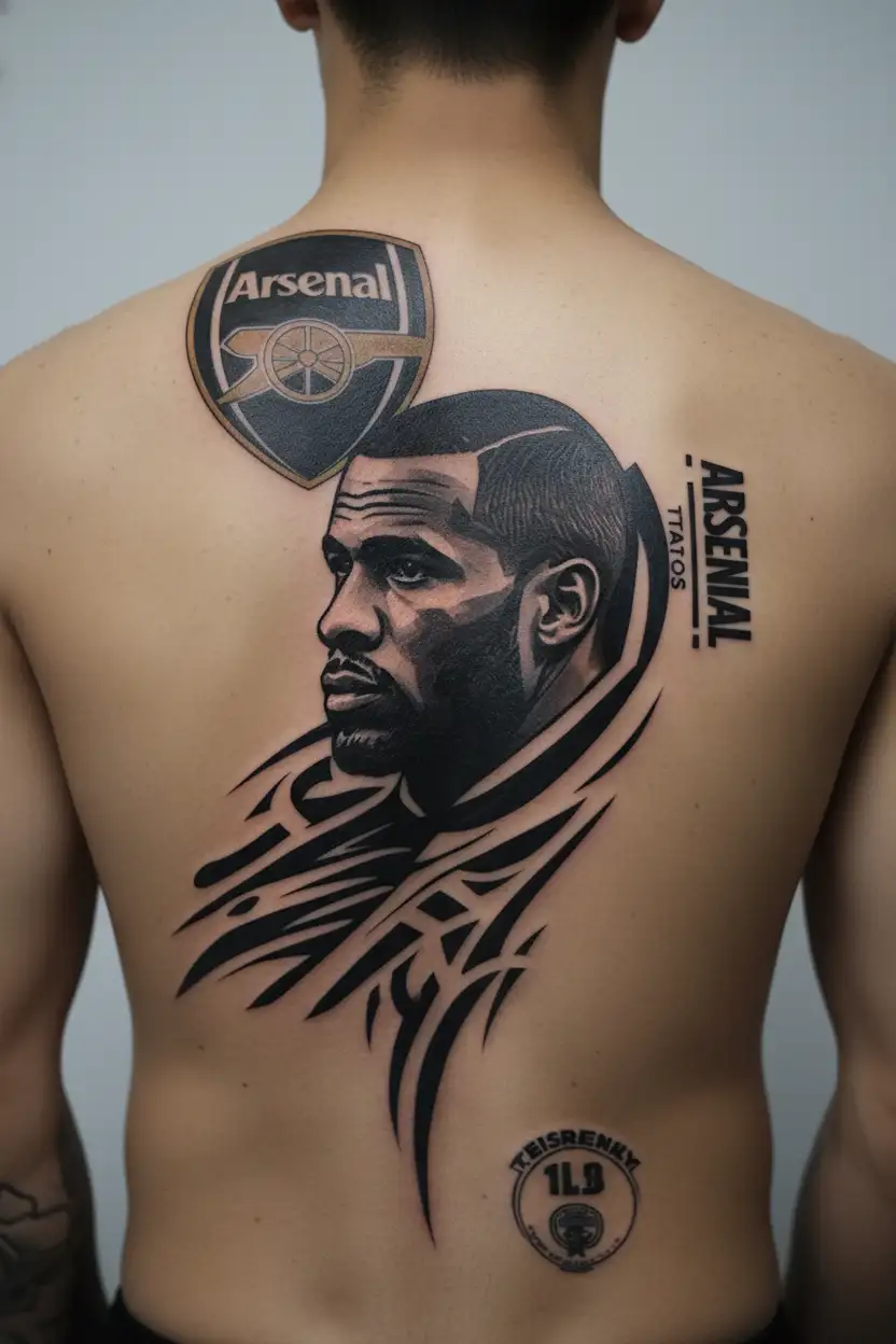 Arsenal fc themed sleeve. include arsenal badge, arsenal cannon in black, Thierry Henry portrait tattoo design idea